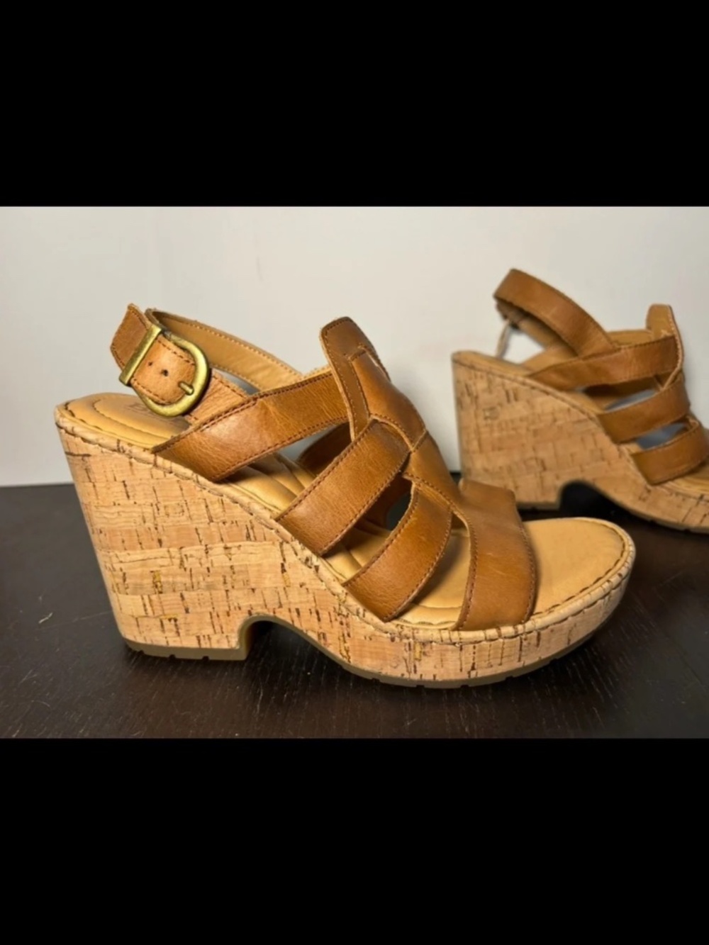 Born Bernese Cage Leather Platform Cork Wedge Sandals Brown Womans 10M